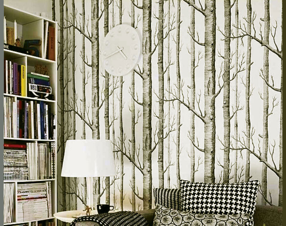 Modern Forest Birch Tree wallpaper -Black White Birchtree branches patterns