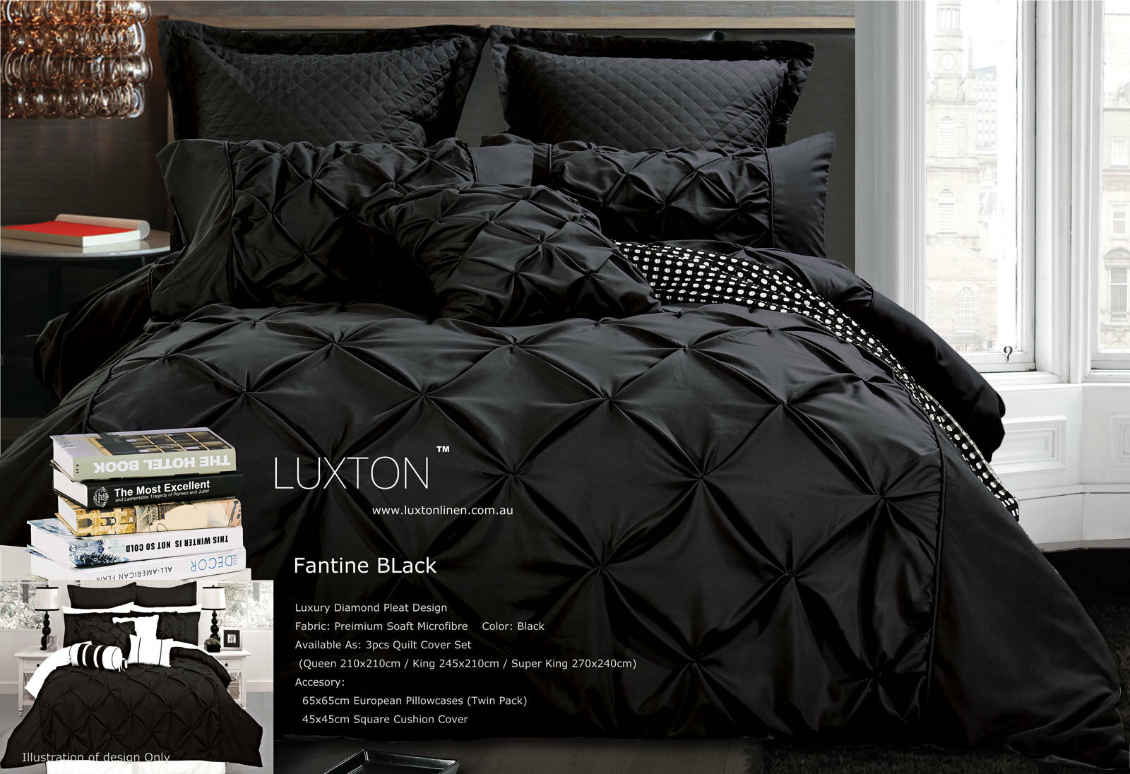 Black white quilted bedspread & pillow shams set, brooklyn new york print. luxton fantine black diamond pintuck quilt cover set
