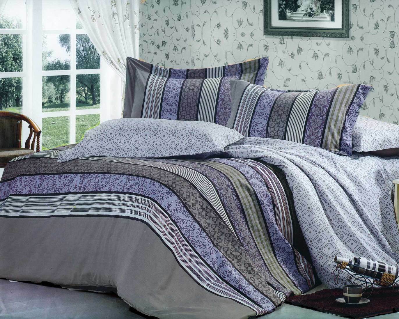 Filli Print Purple Floral Striped Quilt Cover Set Duvet Cover