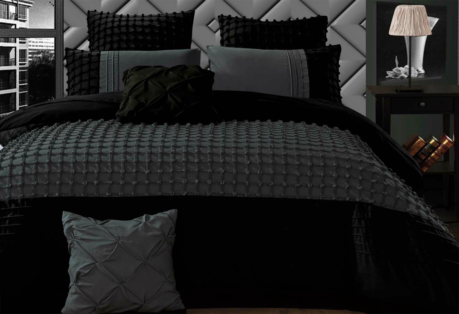 Luxton Cossette Stone Quilt Cover Set Charcoal Grey Grid Pattern Modern Duvet Covers