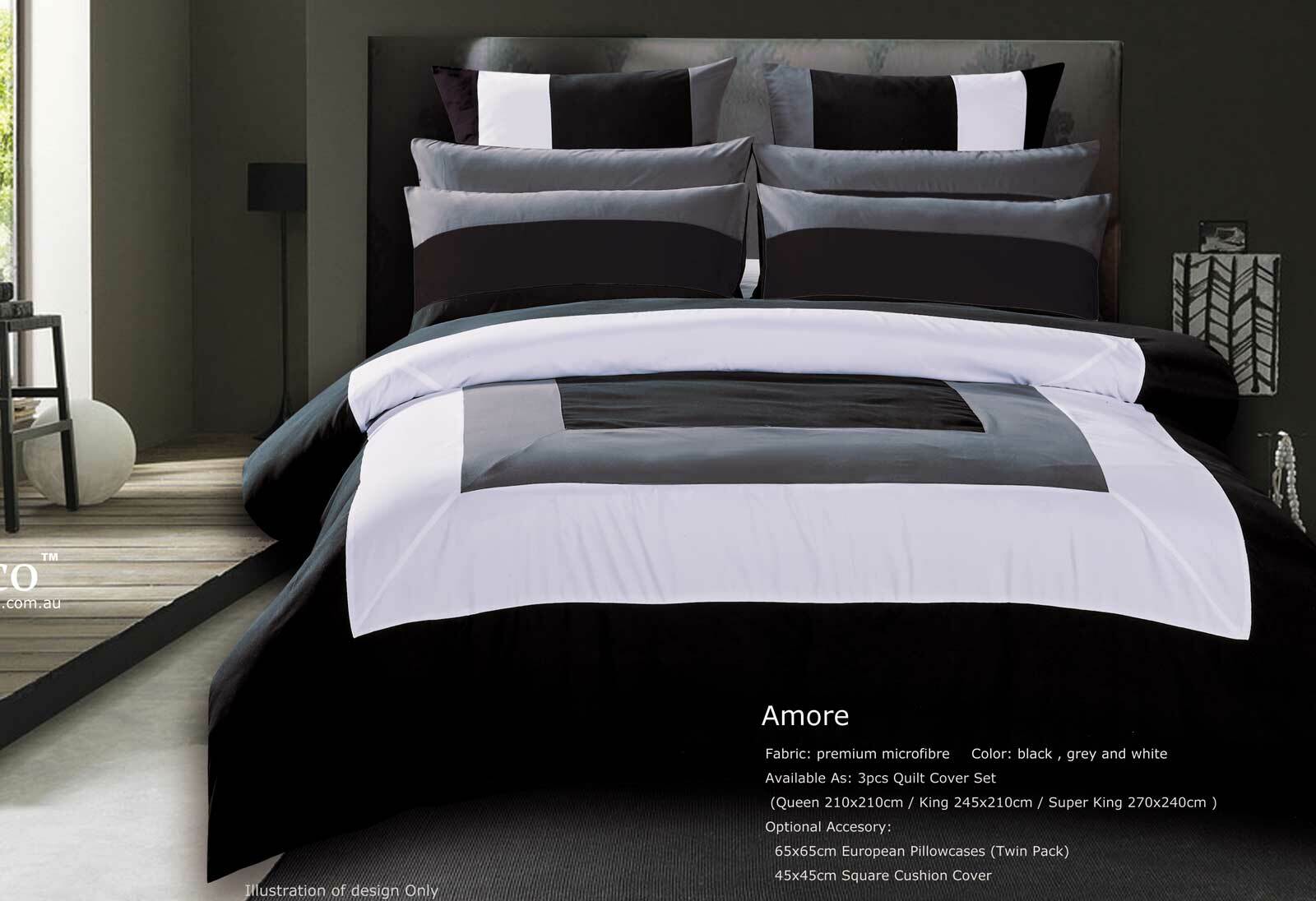 Details About Luxton Amore Black White Grey Doona Cover Set 3pc King Size Trim Quilt