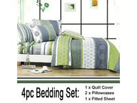 (4PC SET) COTTON Stripe Floral Dexter Quilt Cover Grey Green Doona Cover + Fitted Sheet