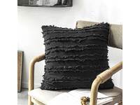 Cotton Linen Tassel Fringe Cushion Cover - Black