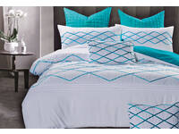 Double Size Adela White and Turquiose Blue Quilt Cover Set