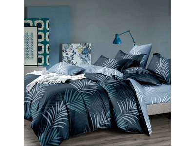 Dark Blue Grey Reversible Tropical Palm Leaf Quilt Cover Set