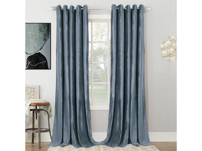 Luxton Steel Blue Velvet Blockout Curtains Pair