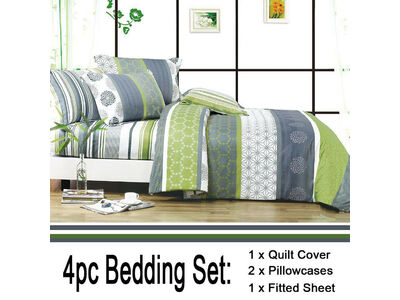 (4PC SET) COTTON Stripe Floral Dexter Quilt Cover Grey Green Doona Cover + Fitted Sheet