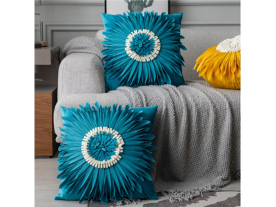 Handmade 3D Flower Velvet Cushion Cover - Blue