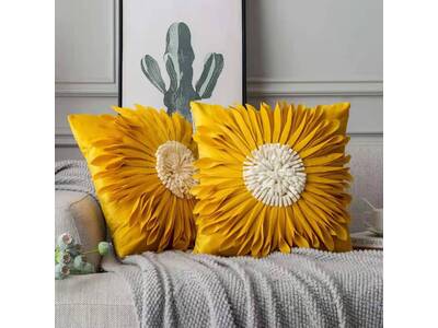 Handmade 3D Flower Velvet Cushion Cover - Yellow